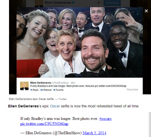 Ellen Degeneres' selfie becomes the most retweeted tweet of all time.