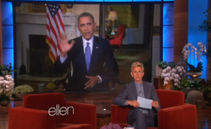 President Obama appears on the "Ellen" DeGeneres show, Thursday, March 20.  (Photo grabbed from Reuters video)
