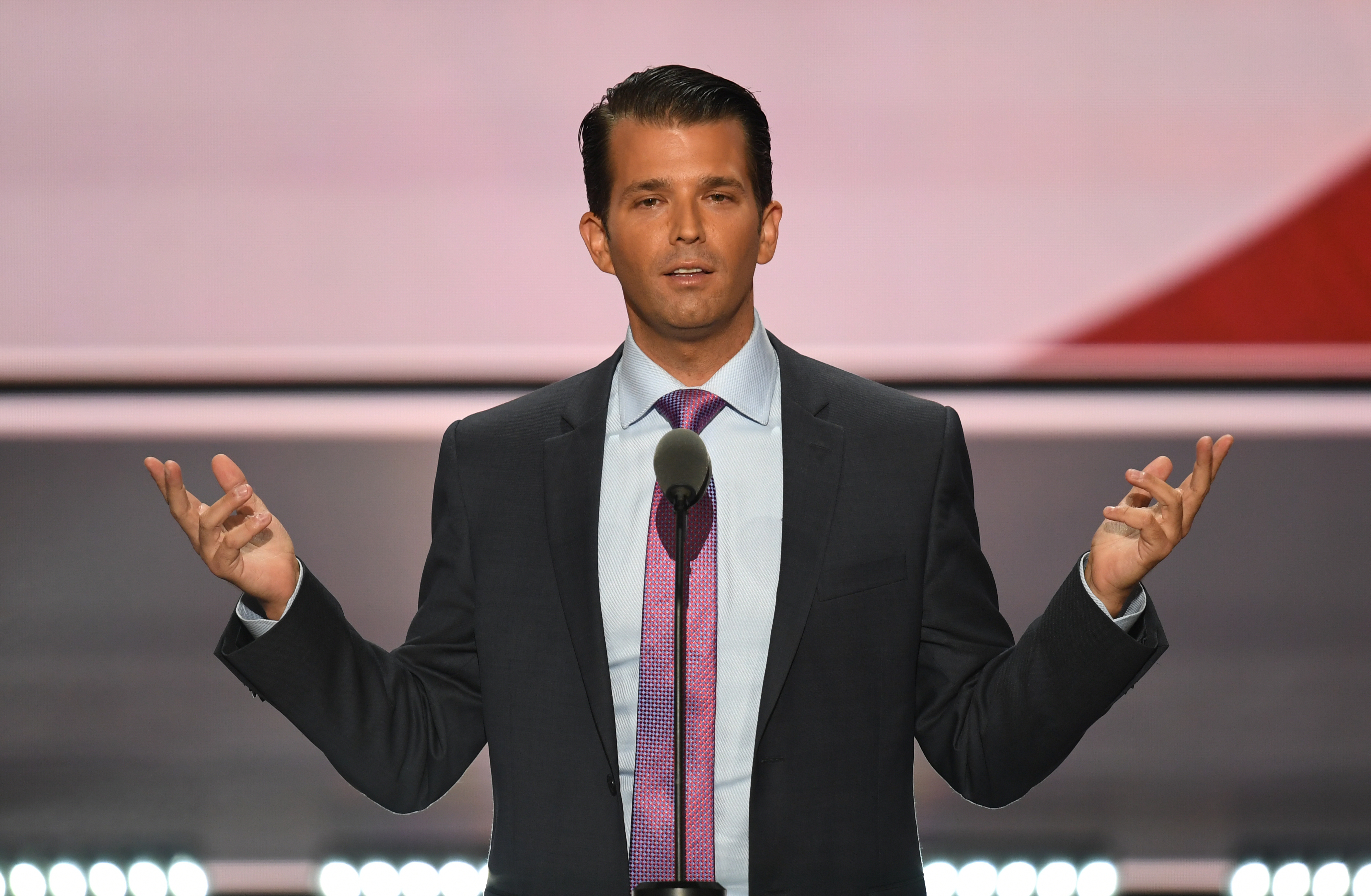 Donald Trump, Jr., son of Donald Trump, speaks on the second day of the Republican National Convention at the Quicken Loans Arena in Cleveland on July 19, 2016. The Republican Party formally nominated Donald Trump for president of the United States Tuesday, capping a roller-coaster campaign that saw the billionaire tycoon defeat 16 White House rivals. / AFP PHOTO / JIM WATSON