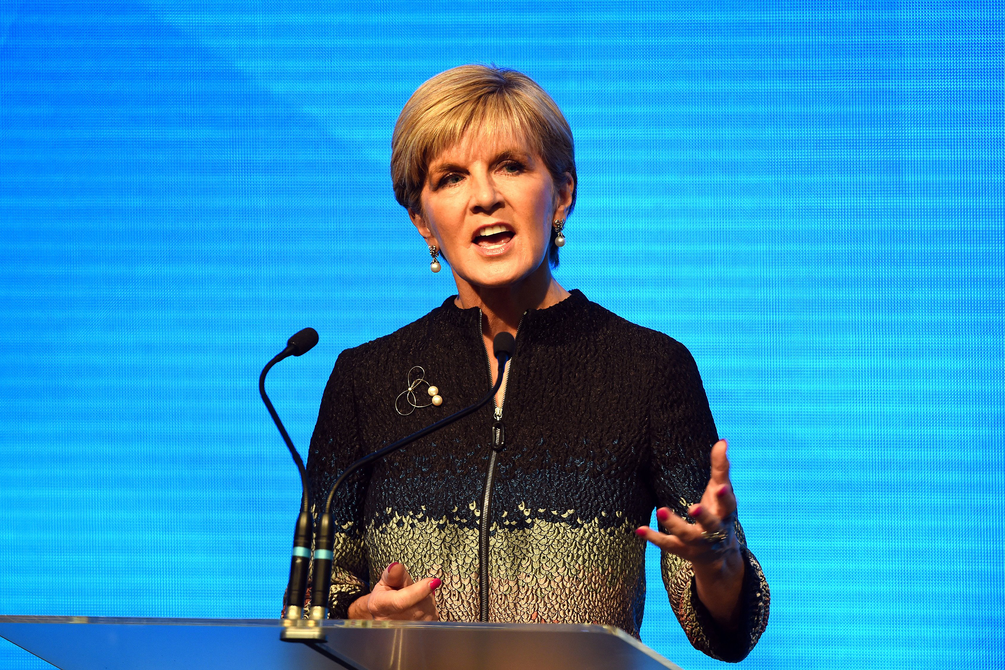 Australian foreign minister and deputy Leader of the Liberal Party, Julie Bishop, speaks at the Coalition Campaign Launch in Sydney on June 26, 2016.  Australia's prime minister promised stability and strong economic policy in the wake of global turmoil sparked by Britain's Brexit vote, as he campaigned June 26 ahead of next week's national polls. / AFP PHOTO / SAEED KHAN