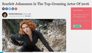 Actress Scarlett Johansson takes the top-grossing actor honor for 2016. (Photo was grabbed from Reuters video file)