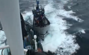 Sea Shepherd vessel 'The Bob Barker' colliding with Japanese whaling fleet vessel 'Yushin Maru no.3'. Photo grabbed from footage released by Japan's Institute of Cetacean Research (ICR) 