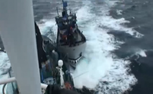 Sea Shepherd vessel 'The Bob Barker' colliding with Japanese whaling fleet vessel 'Yushin Maru no.3'. Photo grabbed from footage released by Japan's Institute of Cetacean Research (ICR)