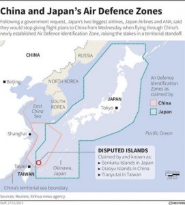 Map of the East China Sea marking Japan's air defence zone along with China's newly established Air Defence Identification Zone. CREDIT: REUTERS