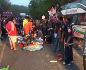 At least 15 people killed, mostly school students, and 40 injured in a bus accident in eastern Thailand during a school trip to the beach. (Photo grabbed from Reuters video)