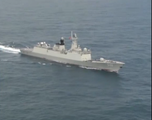 Aerial view of an escort ship overseeing the removal of chemical weapons from Syria.  (Photo grabbed from Reuters video)