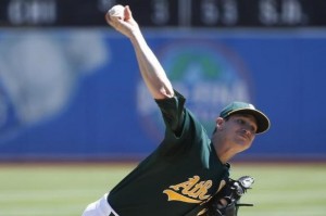 Oakland Athletics starting pitcher Parker delivers a pitch against the Texas Rangers during the first inning of their the MLB American League baseball game in Oakland, California