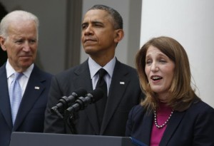 U.S. President Barack Obama announces Director of the Office of Management and Budget Sylvia Mathews Burwell (R) as his nominee to replace outgoing U.S. Secretary of Health and Human Services Kathleen Sebelius (not seen), during a ceremony in the Rose Garden of the White House in Washington, April 11, 2014.