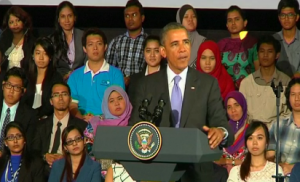 President Barack Obama speaking before Southeast Asian young leaders during a town hall meeting in a university in Kuala Lumpur. Photo grabbed from Reuters video