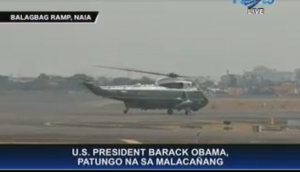 The United States' presidential helicopter with U.S. President Barack Obama on board. The U.S. President's Air Force One landed at the Ninoy Aquino International Airport (NAIA) around 1:30 p.m. Monday, April 28, 2014 for the final leg of his four-nation Asian tour.
