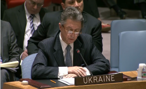 Ukrainian Ambassador to the U.N., Yuriy Sergeyev criticizes his Russian counterpart before the emergency UN Security Council meeting Sunday night. (Photo grabbed from Reuters video)