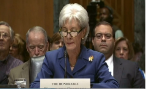 Kathleen Sebelius, the U.S. health secretary who oversaw the botched rollout of the Affordable Care Act, is resigning, a White House official said, and will be replaced by budget director Sylvia Burwell. (Photo grabbed from Reuters video)
