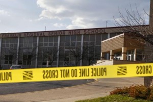 Police tape is seen outside Franklin Regional High School after a series of knife attacks in Murrysville, Pennsylvania April 9, 2014. CREDIT: REUTERS/SHANNON STAPLETON