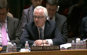 Russia's ambassador to the U.N. Vitaly Churkin appeals to the UN Security Council to use its influence with Ukraine to stop the launch of an anti-terrorist operation against pro-Russian activists (Photo grabbed from Reuters video)