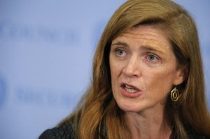  U.S. ambassador to the United Nations Samantha Power speaks to the media after voting on a resolution approving U.N. peacekeepers for Central African Republic, at the U.N. headquarters in New York, April 10, 2014. Credit: Reuters/Eduardo Munoz