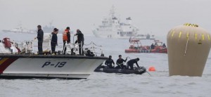 Members from the South Korean Navy's Ship Salvage Unit (SSU) operate at the site of the capsized passenger ship ''Sewol'', in the sea off Jindo April 18, 2014. Credit: Reuters/Kim Hong-Ji