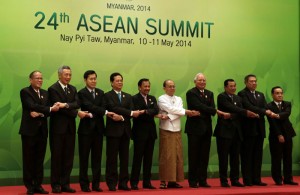 NAY PYI TAW, Myanmar) President Benigno S. Aquino III links arms with his counterparts in the Association of Southeast Asian Nations (ASEAN) for the traditional group photo opportunity during the 24th ASEAN Summit Plenary at the Jade Hall of the Myanmar International Convention Center here on Sunday (May 11). “Moving Forward in Unity to a Peaceful and Prosperous Community” is the theme for this year’s ASEAN Summit, highlighting the importance of a united ASEAN. Also in the photo are Lao People’s Democratic Republic Prime Minister Thongsing Thammavong, Indonesia President Susilo Bambang Yudhoyono, Kingdom of Cambodia Prime Minister Samdech Hun Sen, Malaysia Prime Minister Dato Seri Haji Mohammad Najib Razak, 24th ASEAN Summit Chairman Republic of the Union of Myanmar President U Thein Sein, Brunei Darussalam Sultan Haji Hassanal Bolkiah Mu’zzaddin Waddaulah, Socialist Republic of Vietnam Prime Minister Nguyen Tan Dung, Kingdom of Thailand Deputy Prime Minister Phongthepth Epkanjana and Singapore Prime Minister Lee Hsien Loong. (PLDT powered by SMART) (Photo by Ryan Lim / Malacañang Photo Bureau)  