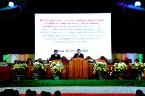 Iglesia Ni Cristo General Auditor minister Glicerio B. Santos Jr., conducts the Bible Exposition of the INC during the "Lingap-Pamamahayag" in the grounds of the Mindoro State College of Agriculture and Technology in Calapan, Oriental Mindoro on Tuesday, June 10.  About a hundred thousand people attended the said event where at least 60,000 food bags containing rice, canned goods and noodles were distributed. (Photo courtesy FYM Foundation)