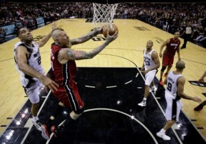June 5, 2014, San Antonio, TX, USA; Miami Heat center Chris Andersen (11) shoots the ball against San Antonio Spurs forward Tim Duncan (21) in game one of the 2014 NBA Finals at AT&T Center. Mandatory Credit: Eric Gay/Pool Photo via USA TODAY Sports