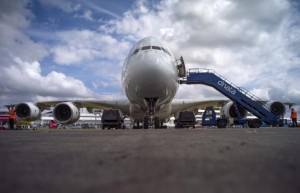 An Airbus Industrie A380 aircraft stands parked at the 2014 Farnborough International Airshow in Farnborough, southern England July 13, 2014. Credit: Reuters/Kieran Doherty