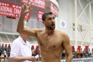 Jul 13, 2014; Athens, GA, USA; Michael Phelps waves to the crowd following the Sunday finals of the Bulldog Grand Slam at Gabrielsen Natatorium. Mandatory Credit: Kevin Liles-USA TODAY Sports