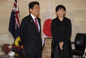 Japanese Prime Minister Shinzo Abe and his wife Akie are pictured prior to a meeting with Western Australia Premier Colin Barnett (not pictured) in Perth, July 9, 2014. Credit: Reuters/Greg Wood/Pool