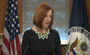 U.S. State Department spokeswoman Jen Psaki told reporters during a news briefing on Wednesday (August 27) of the growing concern that the United States has about the thousands of foreign fighters from 50 countries who are engaged in Syria and are affiliating themselves with these extremist groups. (Courtesy Reuters/Photo grabbed from Reuters video)