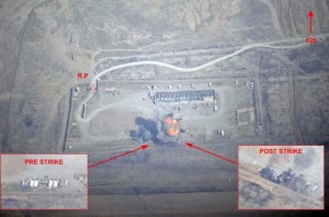 A handout image, provided on September 19, 2014 by ECPAD, shows a photo montage of a logistics depot in northeastern Iraq before and after a mission by French Rafale fighter jets from the Al-Dhafra airbase. France said on Friday its jets had launched strikes inside Iraq for the first time since the country promised to join military action against Islamic State insurgents who have taken over parts of the country.  REUTERS/ECPAD - Armee de l'Air/Handout via Reuters