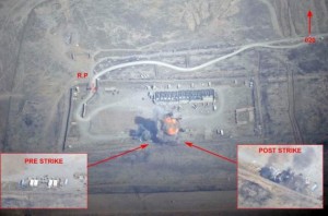 A handout image, provided on September 19, 2014 by ECPAD, shows a photo montage of a logistics depot in northeastern Iraq before and after a mission by French Rafale fighter jets from the Al-Dhafra airbase. France said on Friday its jets had launched strikes inside Iraq for the first time since the country promised to join military action against Islamic State insurgents who have taken over parts of the country. REUTERS/ECPAD - Armee de l'Air/Handout via Reuters