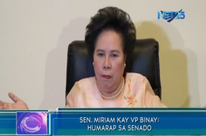 Senator Miriam Defensor  Santiago challenges Vice-President Jejomar Binay to appear before the Senate to answer allegations against him on his alleged unexplained wealth.  (Eagle News Service)