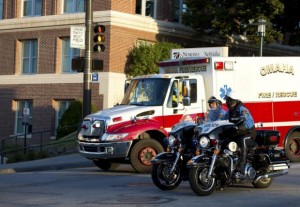 An ambulance transports Ashoka Mukpo, a freelance cameraman who contracted Ebola in Liberia, to the Nebraska Medical Center in Omaha, Nebraska, October 6, 2014.  REUTERS/Sait Serkan Gurbuz