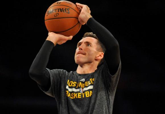 October 19, 2014; Los Angeles, CA, USA; Los Angeles Lakers guard Steve Nash (10) practices before the Lakers play against the Utah Jazz at Staples Center. Mandatory Credit: Gary A. Vasquez-USA TODAY Sports
