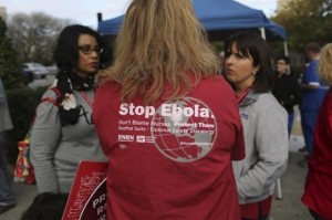 Nurses gather as they protest for improved Ebola safeguards, part of a national day of action, at California Pacific Medical Center in San Francisco, California November 12, 2014. CREDIT: REUTERS/ROBERT GALBRAITH