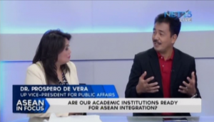 ASEAN IN Focus interview of University of the Philippines Vice-President for Public Affairs Dr. Prospero De Vera.  The interview focuses on some of the concerns and issues of the country's academic institutions in preparing for the ASEAN integration. (Eagle News Service)
