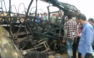 At least 16 people are killed when a school bus crashes into three other vehicles on a desert road in the Nile Delta north of Cairo. (Photo grabbed from Reuters video/Courtesy Reuters)