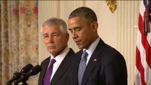 U.S. President Barack Obama announces the resignation of U.S. Defense Secretary Chuck Hagel on Monday.  (Courtesy Reuters/ Photo grab of Reuters video)