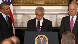 U.S. Defense Secretary Chuck Hagel announces his resignation on Monday, Nov. 24, 2014. (Photo grabbed from Reuters video/Courtesy Reuters)
