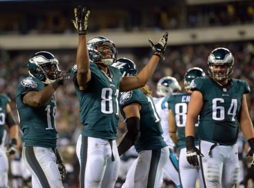 Nov 10, 2014; Philadelphia, PA, USA; Philadelphia Eagles receiver Jordan Matthews (18) celebrates after catching an 18-yard touchdown pass in the fourth quarter against the Carolina Panthers at Lincoln Financial Field. Mandatory Credit: Kirby Lee-USA TODAY Sports