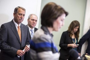 Speaker of the House John Boehner (R-OH) and House Majority Whip Steve Scalise (R-L) listen to Cathy McMorris Rodgers (R-WA) speak during a press conference calling for for U.S. President Barack Obama not to veto the Keystone XL pipeline on Capitol Hill in Washington November 18, 2014. CREDIT: REUTERS/JOSHUA ROBERTS