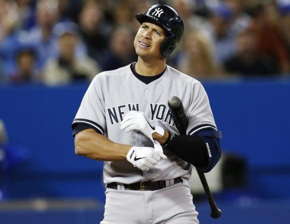 New York Yankees Alex Rodriguez reacts during an at bat against the Toronto Blue Jays during the fifth inning of their MLB American League baseball game in Toronto, September 17, 2013. CREDIT: REUTERS/MARK BLINCH