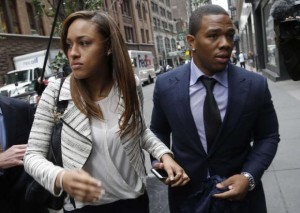 Former Baltimore Ravens NFL running back Ray Rice and his wife Janay arrive for a hearing at a New York City office building