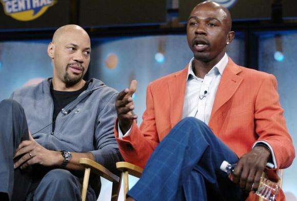 Former NBA player Greg Anthony (R) and writer John Ridley, participants in the new TV Land show ''That's What I'm Talking About,'' attend a panel discussion at a Television Critics Association press tour in Pasadena, California, January 11, 2006. CREDIT: REUTERS/CHRIS PIZZELLO