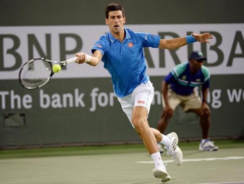 Mar 14, 2015; Indian Wells, CA, USA; Novak Djokovic (SRB) during his second round match against Marcos Baghdatis (CYP) in the BNP Paribas Open at the Indian Wells Tennis Garden. Djokovic won 6-1, 6-3.  Mandatory Credit: Jayne Kamin-Oncea-USA TODAY Sports