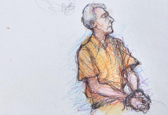 An artist sketch shows Robert Durst in a holding area of a courthouse before his extradition hearing in New Orleans, Louisiana, March 16, 2015. REUTERS/Tony Champagne
