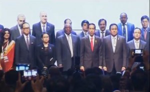 Heads of state and other leaders of various Asian and African countries pose for a picture during the Asian-African summit in Jakarta, Indonesia.  (Photo grabbed from Reuters video/Courtesy Reuters)