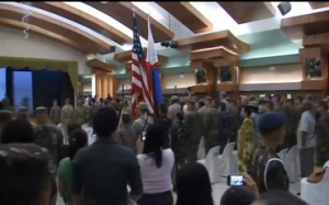 OFFICERS of the Philippines and U.S. military launch annual joint military exercises to strengthen bilateral security ties, while dozens of left leaning protesters picket near the U.S. embassy to denounce the war games. (Photo grabbed from Reuters video/Courtesy Reuters)