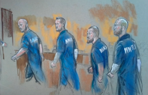 A federal judge sentences four former Blackwater security guards to lengthy prison terms over the 2007 massacre of 14 unarmed Iraqis. Courtroom sketch of former Blackwater security guards from left to right: Nicholas Slatten, Evan Liberty, Dustin Heard, Paul Slough (Courtesy Reuters/Bill Hennessy)