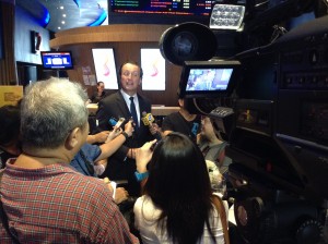 H.E. Amb. Gilles Garachon being interviewed by members of the media.