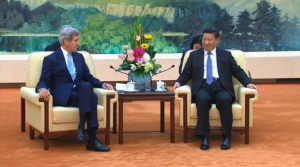 U.S. Secretary of State John Kerry met with Chinese President Xi Jinping in Beijing on Sunday (May 17). (Photo grabbed from Reuters video/Courtesy Reuters)