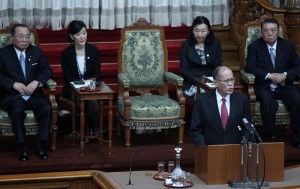 (TOKYO, Japan) President Benigno S. Aquino III addresses the joint session of the National Diet of Japan at the Chamber of the House of Councillors (HoC) of the National Diet during his State Visit on Wednesday (June 03). Also in photo are HoC President Masaaki Yamazaki and House of Representatives Speaker Tadamori Oshima. (Photo by Ryan Lim / Malacañang Photo Bureau)